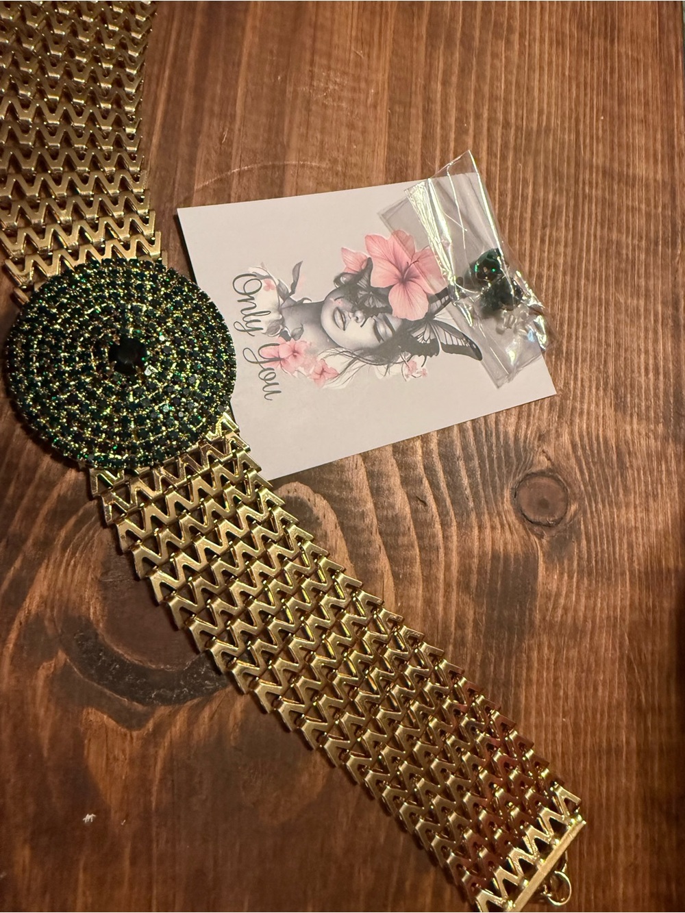 Gold Mesh Statement Neckless with Green Crystal Disk